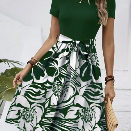 Crew Neck Short Sleeve Dress - GREEN