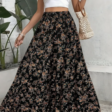 Small Floral Elastic Waist Long Skirt