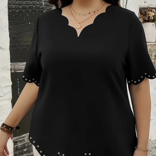 V-Neck Blouse with Scallop Trim