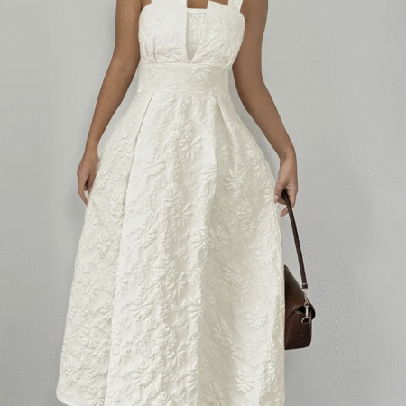 Floral Weaving Slim-Fit Midi Dress-APRICOT