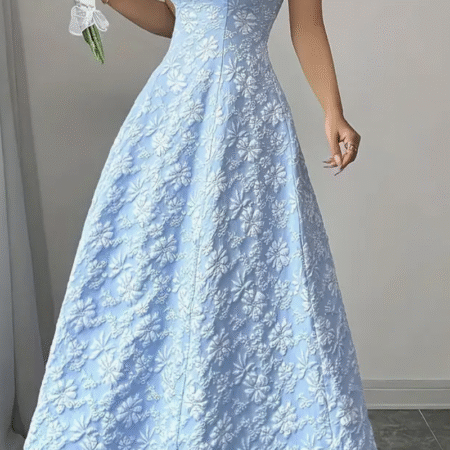 Floral Weaving Slim-Fit Midi Dress-BLUE