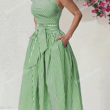 Striped Sleeveless Dress -GREEN