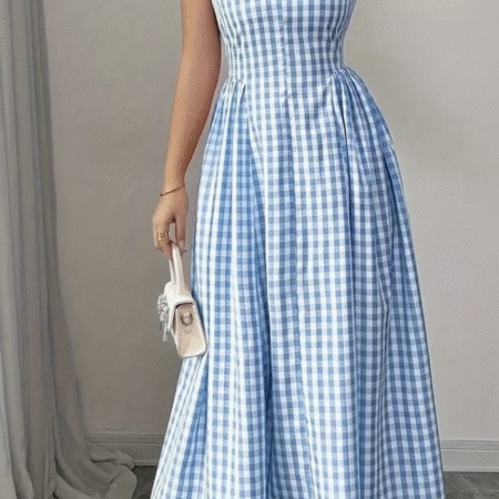 Gingham Check Mid-Length Dress - BLUE