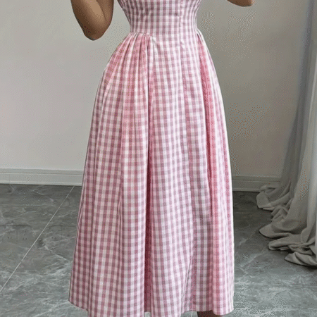 Gingham Check Mid-Length Dress -PINK