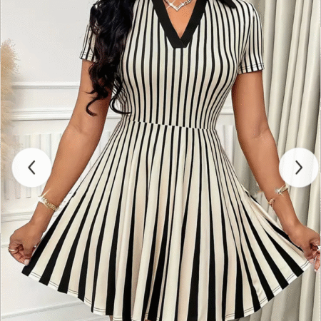 Elegant Striped Polo Neck Dress -BLACK