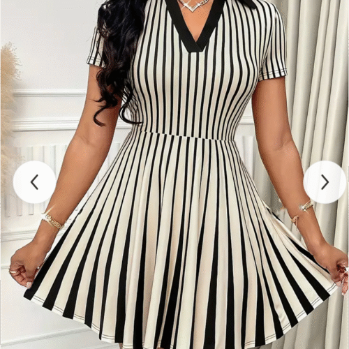 Elegant Striped Polo Neck Dress -BLACK